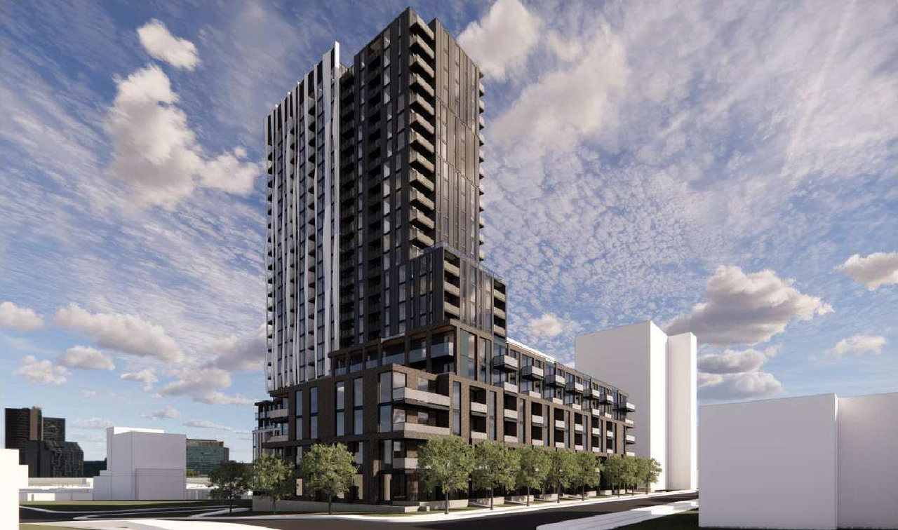 Rendering of building from page 14 of the file '2025-12-24 - Planning Rationale & Urban Design Brief - D01-01-25-0027 & D02-02-25-0103'