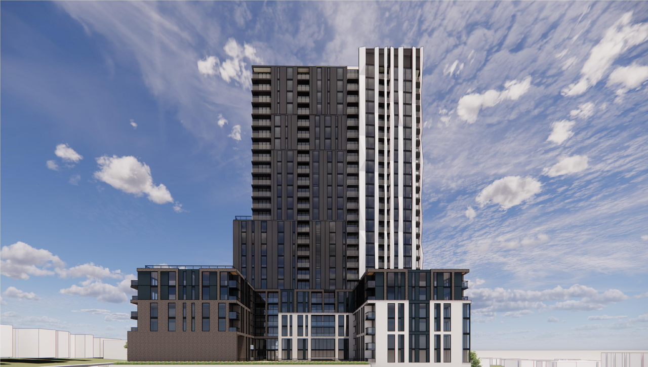 Rendering of building from page 25 of the file '2025-12-24 - Design Brief - D01-01-25-0027 & D02-02-25-0103'
