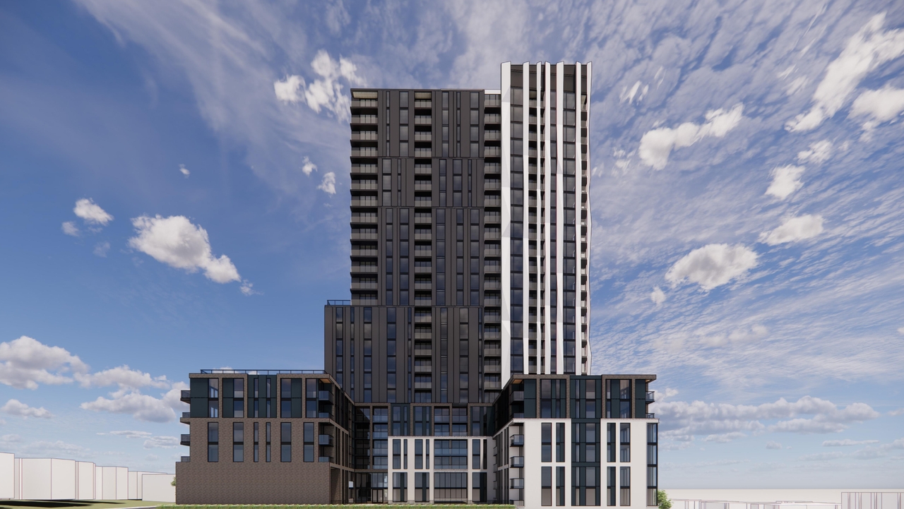 Rendering of building from page 25 of the file '2025-12-24 - Design Brief - D01-01-25-0027 & D02-02-25-0103'