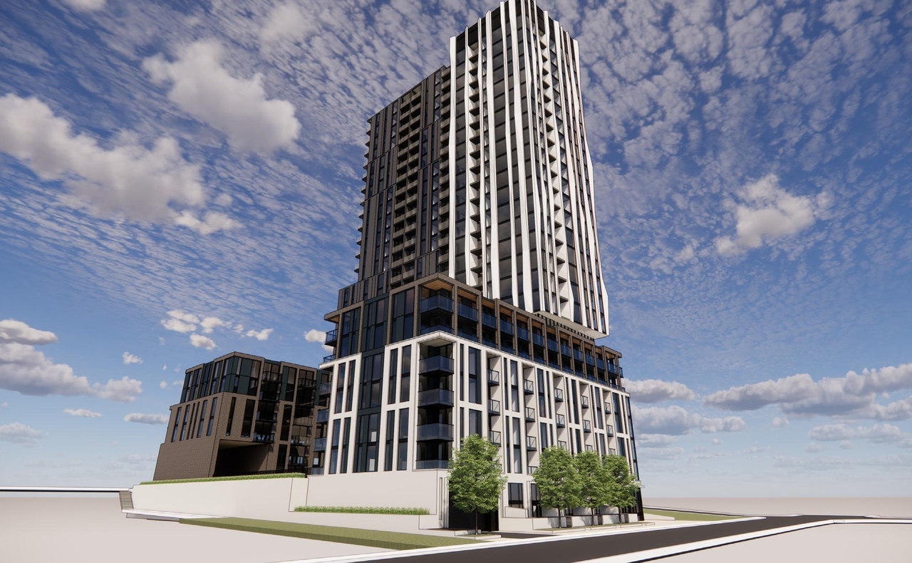 Rendering of building from page 9 of the file '2025-12-24 - Design Brief - D01-01-25-0027 & D02-02-25-0103'