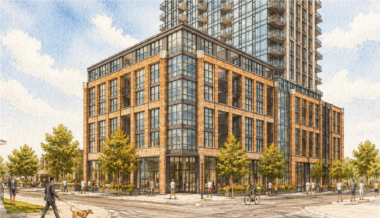 Rendering of building from page 4 of the file '2026-05-26 - Podium Massing Design Brief - D01-01-26-0002 & D02-02-26-0003'