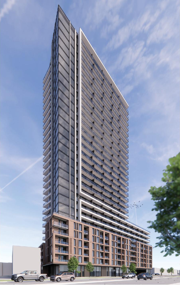 Rendering of building from page 1 of the file '2026-02-13 - Urban Design Brief - D01-01-26-0003 & D02-02-26-0008'