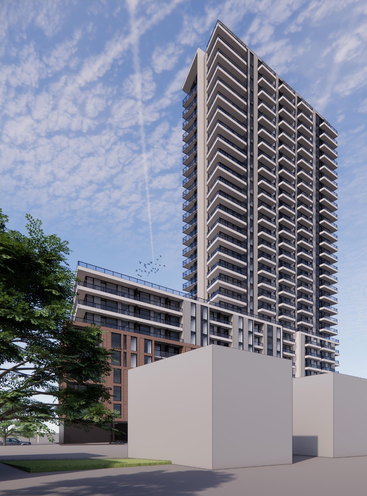 Rendering of building from page 16 of the file '2026-02-13 - Urban Design Brief - D01-01-26-0003 & D02-02-26-0008'