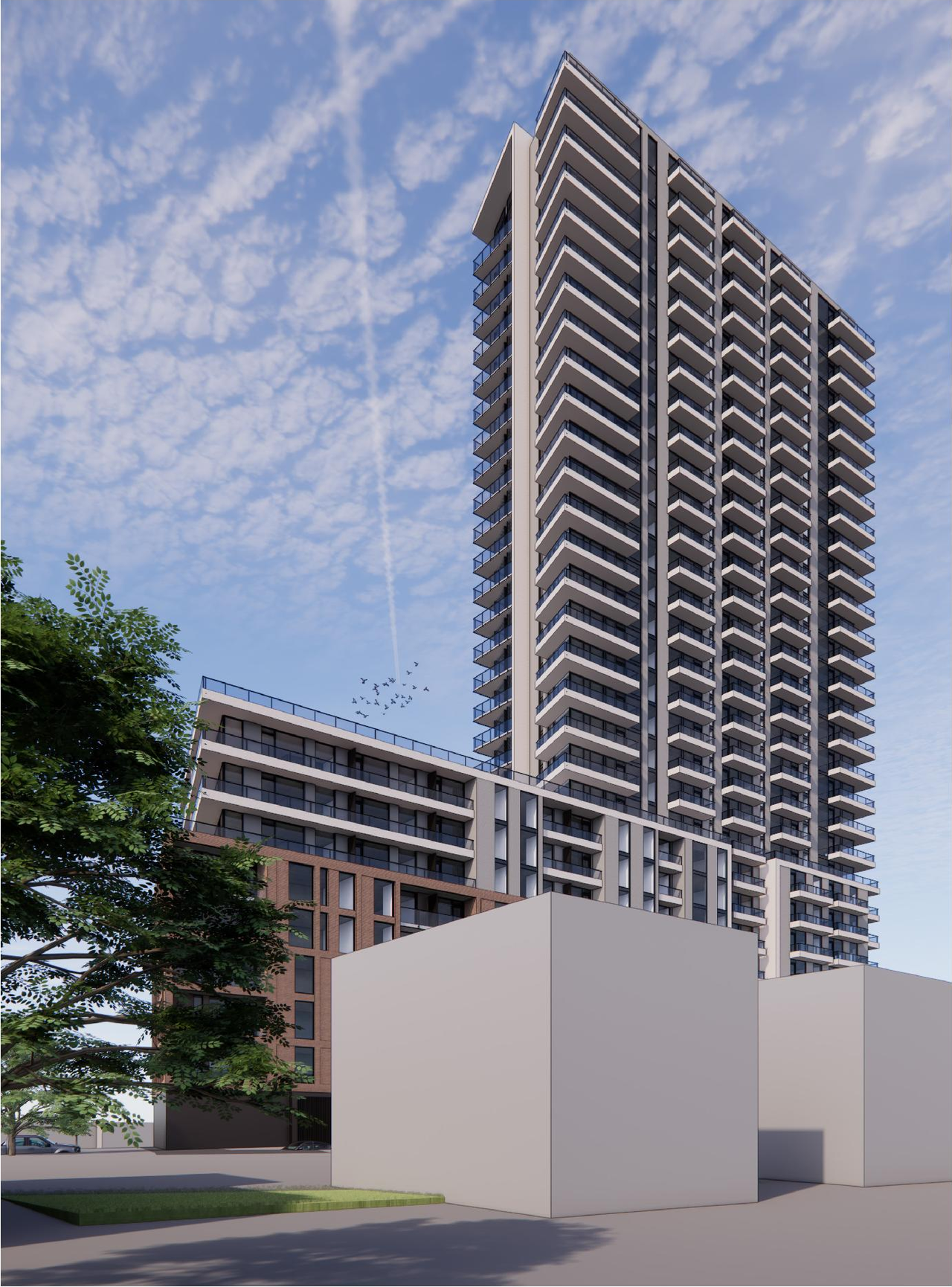 Rendering of building from page 16 of the file '2026-02-13 - Urban Design Brief - D01-01-26-0003 & D02-02-26-0008'