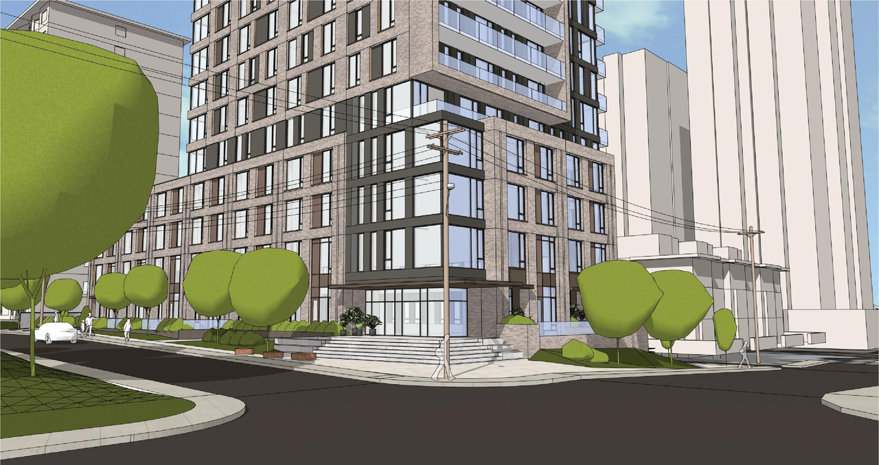 Rendering of building from page 13 of the file '2026-05-19 - Design Brief - D01-01-26-0008 & D02-02-26-0034'