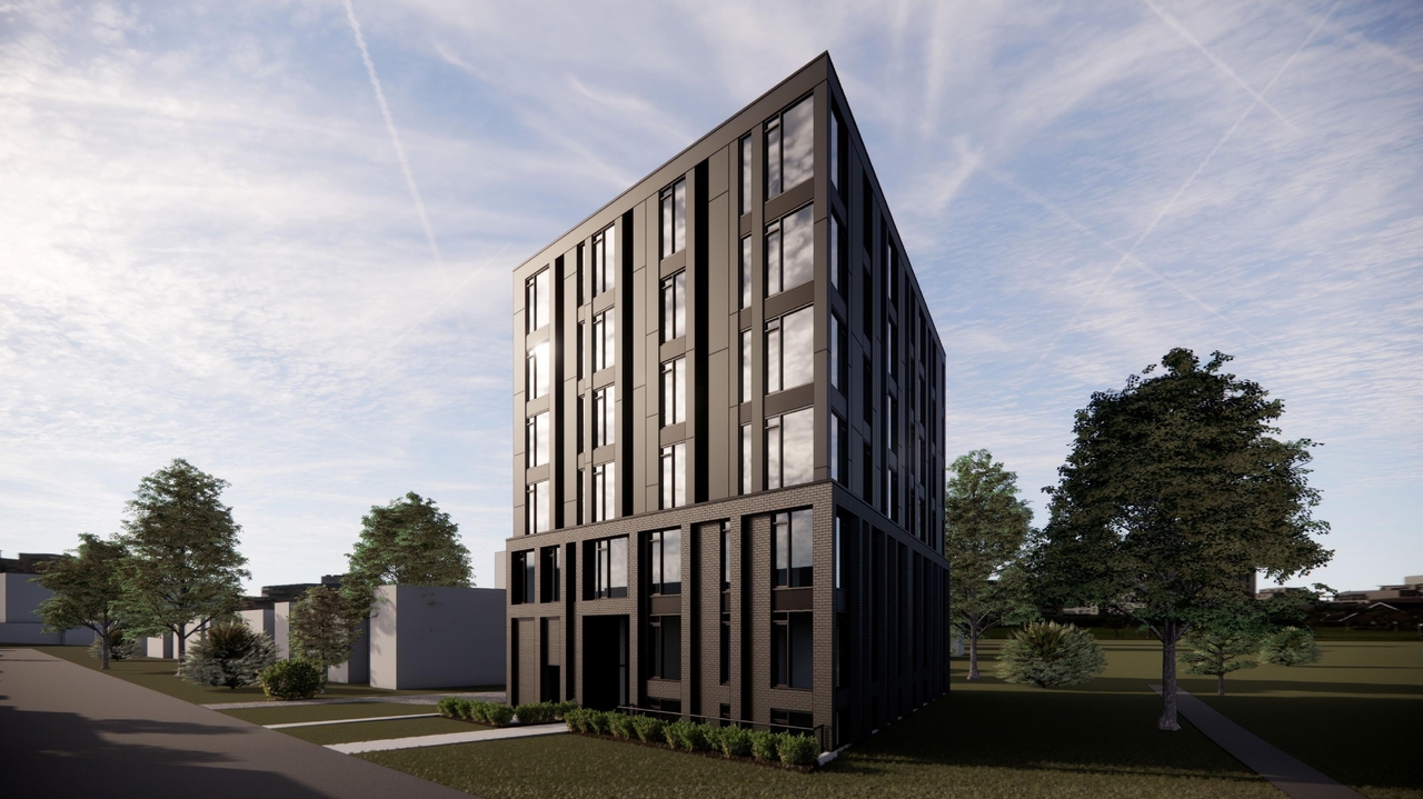 Rendering of building from page 14 of the file '2025-08-07 - Urban Design Brief - D02-02-17-0131'