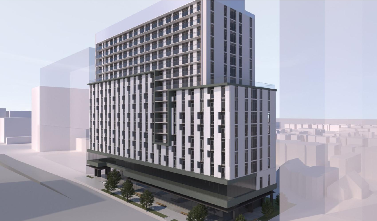 Rendering of building from page 1 of the file '2020-09-22 - Planning Rationale and Design Brief - D02-02-20-0086'