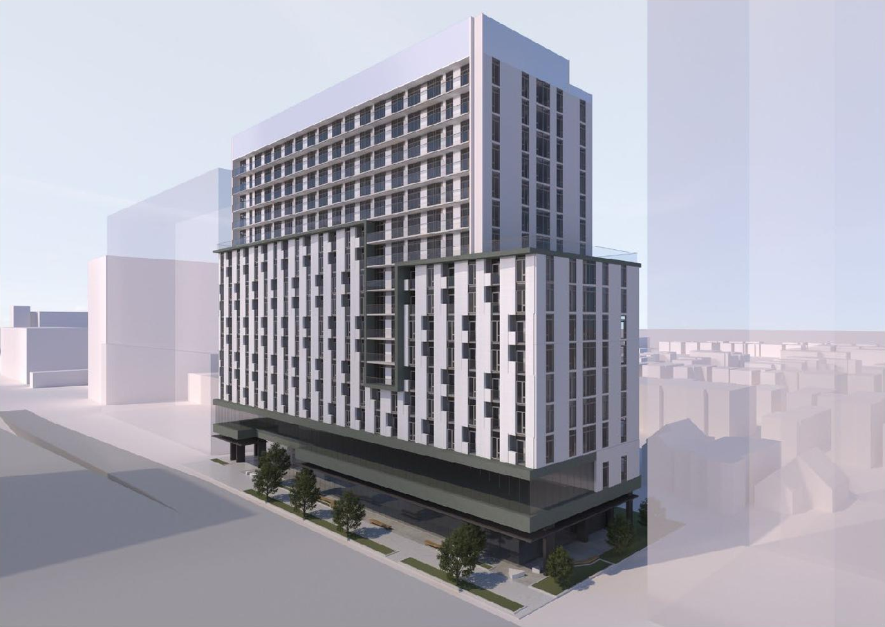 Rendering of building from page 4 of the file '2020-09-22 - Planning Rationale and Design Brief - D02-02-20-0086'