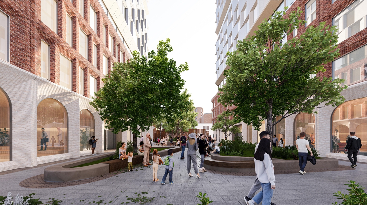 Rendering of building from page 32 of the file '2025-09-03 - SDRP Design Brief - Package 3 - D02-02-20-0101'