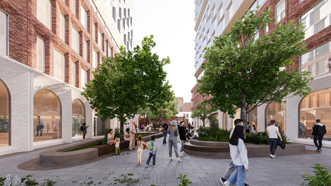 Rendering of building from page 32 of the file '2025-09-03 - SDRP Design Brief - Package 3 - D02-02-20-0101'