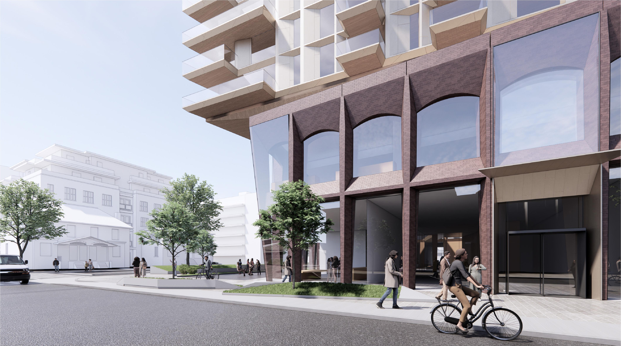 Rendering of building from page 24 of the file '2024-05-07 - Special Design Review Panel Presentation - D02-02-20-0101'