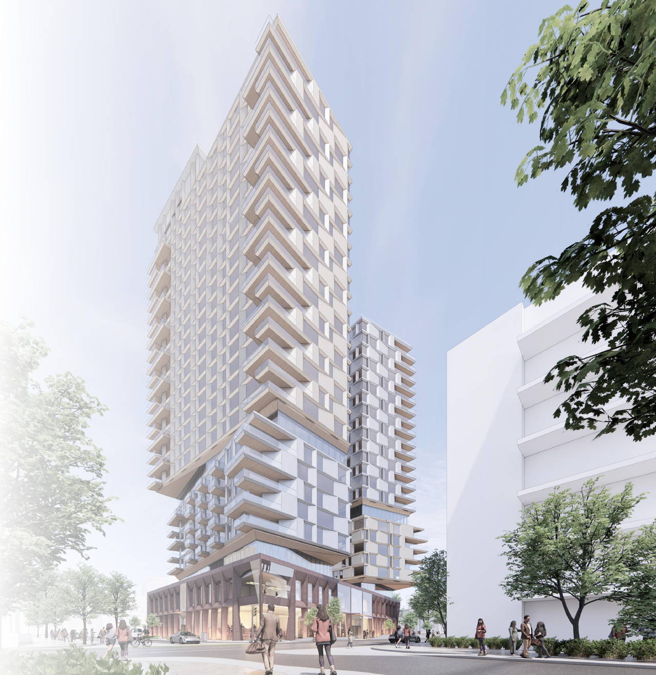 Rendering of building from page 9 of the file '2024-05-07 - Special Design Review Panel Presentation - D02-02-20-0101'