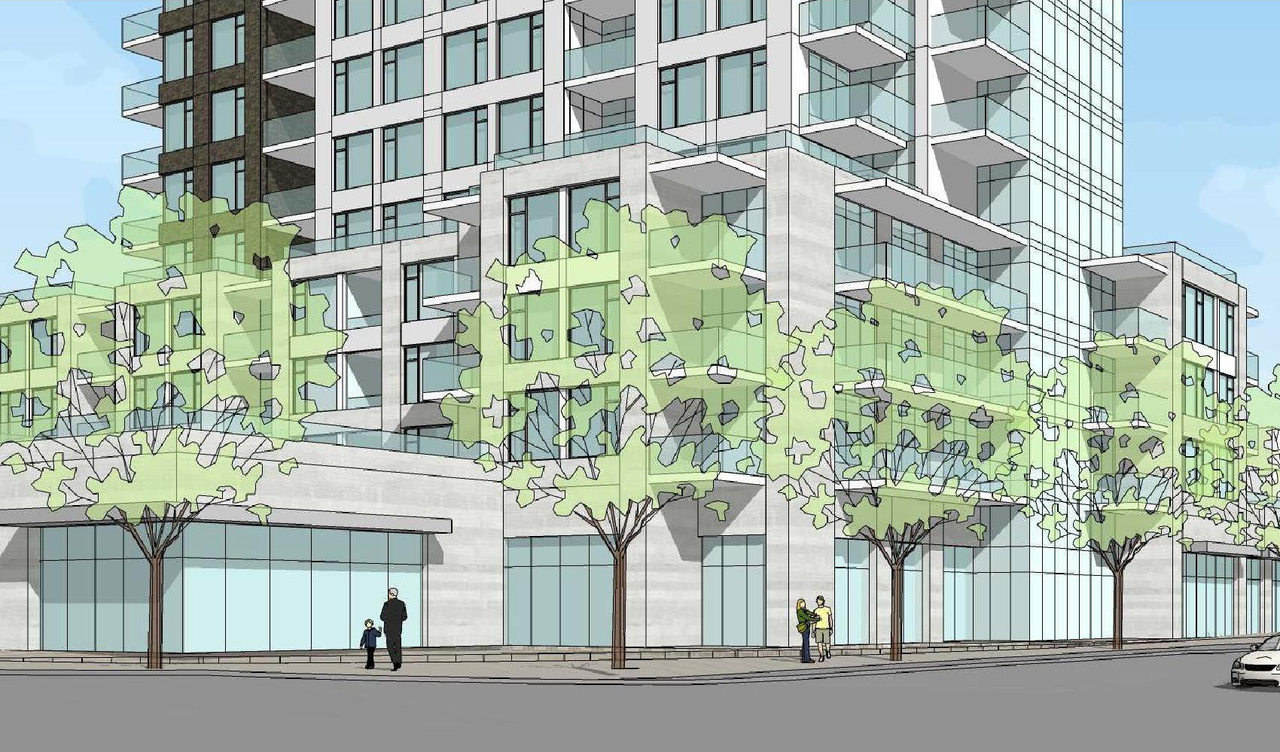Rendering of building from page 1 of the file '2021-06-02 - Planning Rationale and Design Brief - D02-02-21-0038'