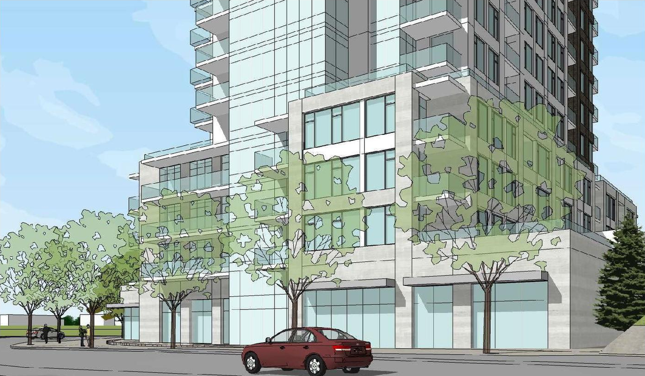Rendering of building from page 12 of the file '2021-06-02 - Planning Rationale and Design Brief - D02-02-21-0038'
