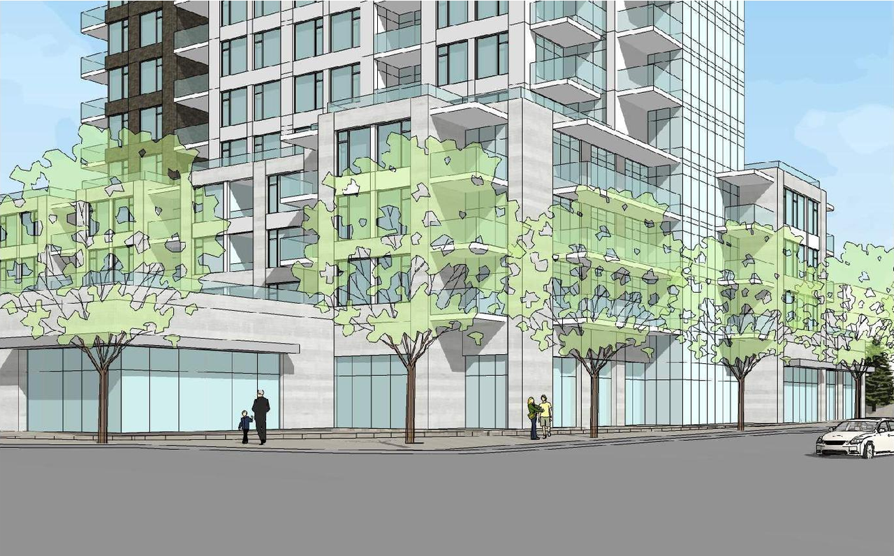 Rendering of building from page 13 of the file '2021-06-02 - Planning Rationale and Design Brief - D02-02-21-0038'