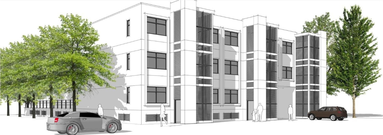 Rendering of building from page 9 of the file '2021-06-16 - Design Brief - D02-02-21-0055'