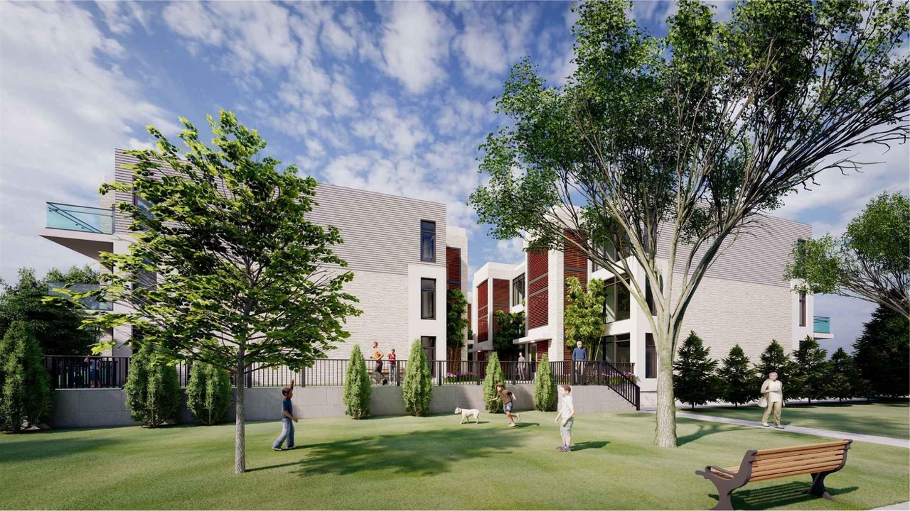 Rendering of building from page 1 of the file '2021-06-16 - Perspective Drawings from Park and Angled Views - D02-02-21-0055'