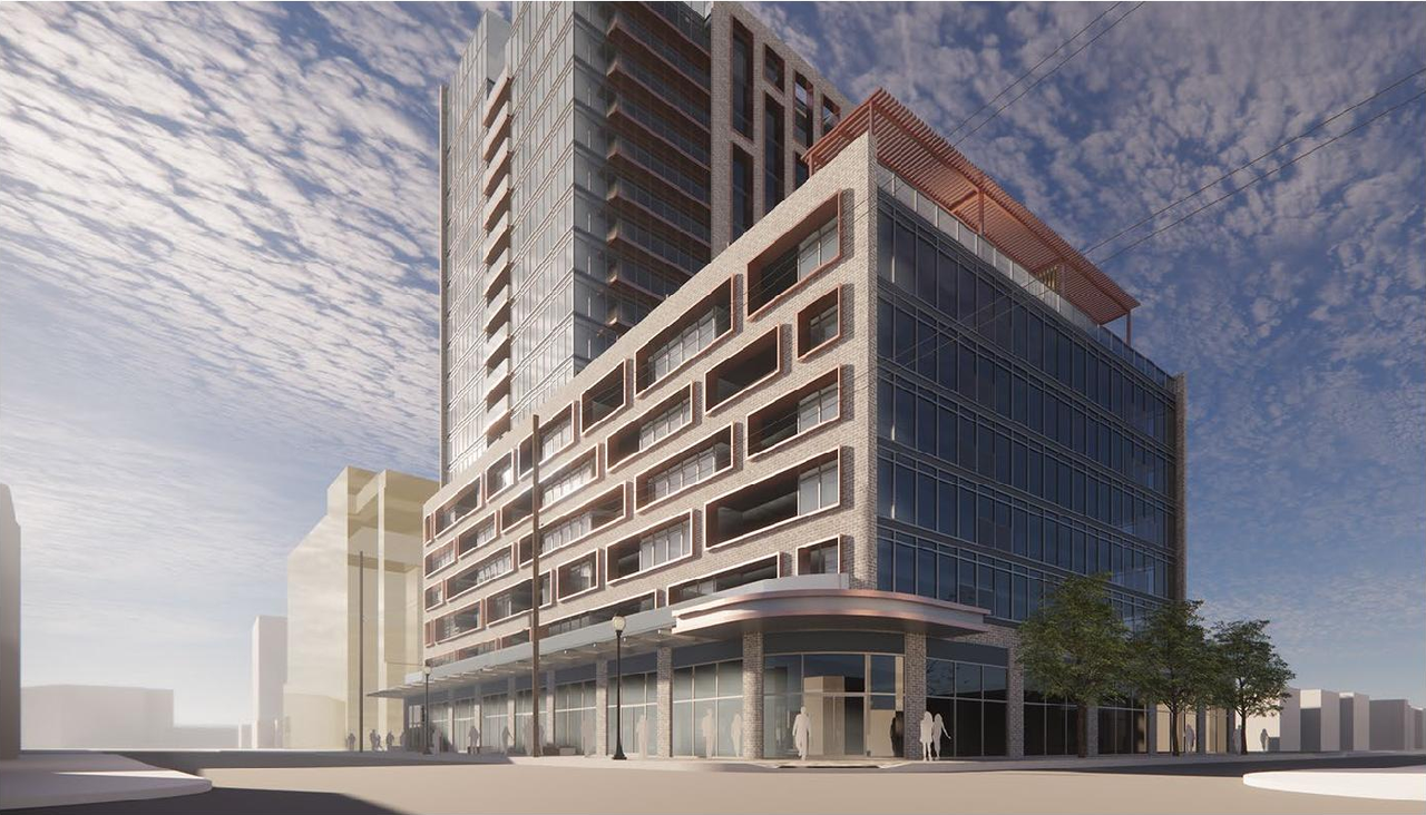 Rendering of building from page 12 of the file '2021-06-30 - Planning Rationale and Design Brief - D02-02-21-0062'