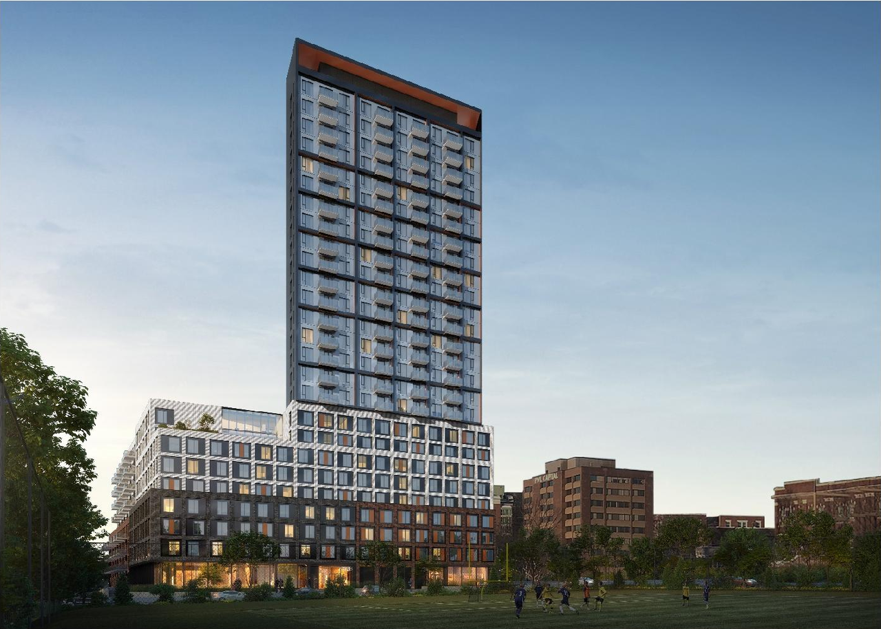 Rendering of building from page 9 of the file '2021-07-19 - Planning Rationale and Design Brief - D02-02-21-0068'