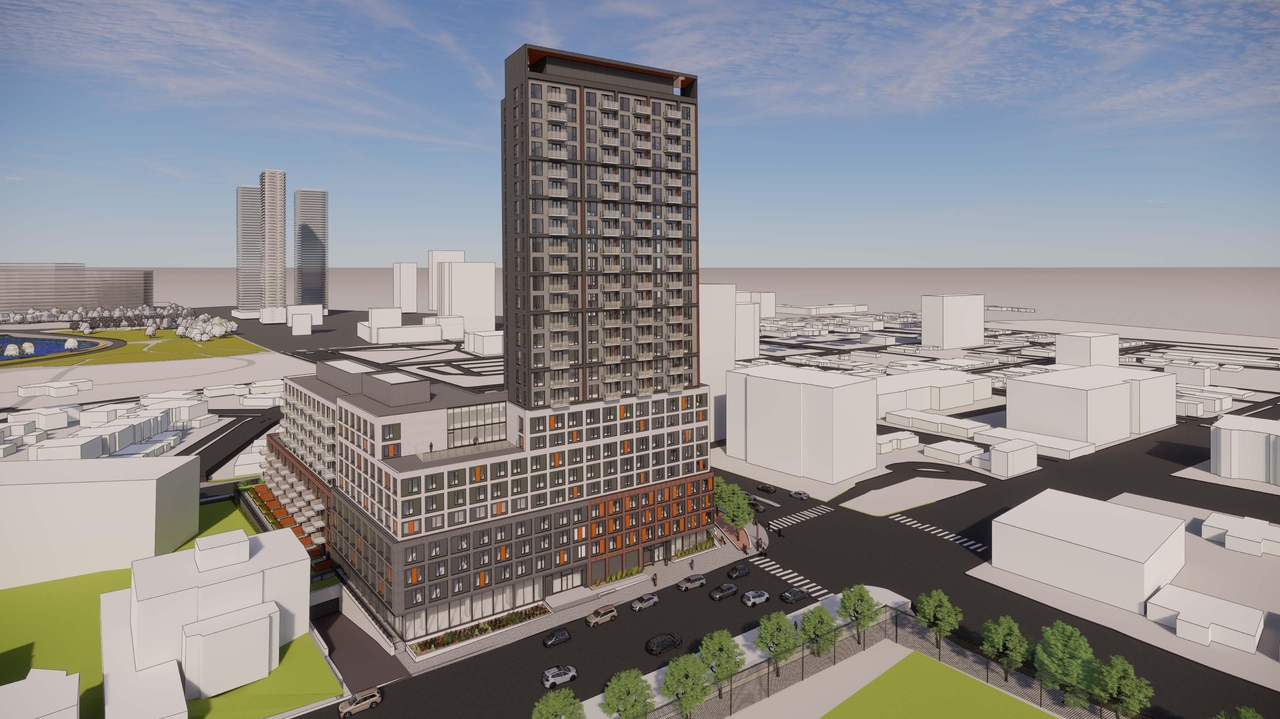 Rendering of building from page 1 of the file '2021-07-19 - South East Bird's Eye West View - D02-02-21-0068'