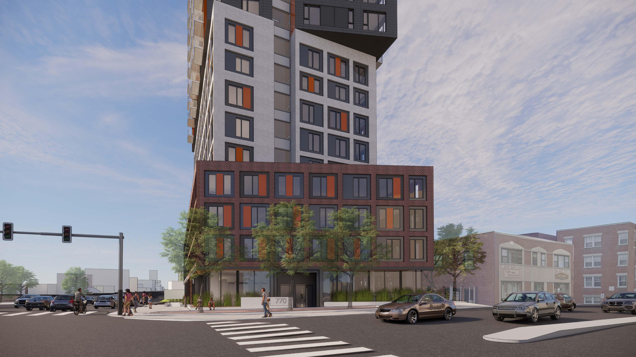 Rendering of building from page 1 of the file '2021-07-19- Rendering VIEW LOOKING WEST - D02-02-21-0068'