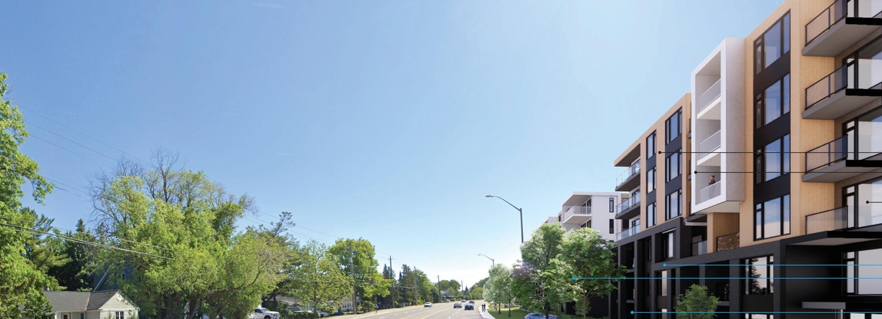 Rendering of building from page 8 of the file '2022-12-21 - Design Brief - D02-02-21-0082'