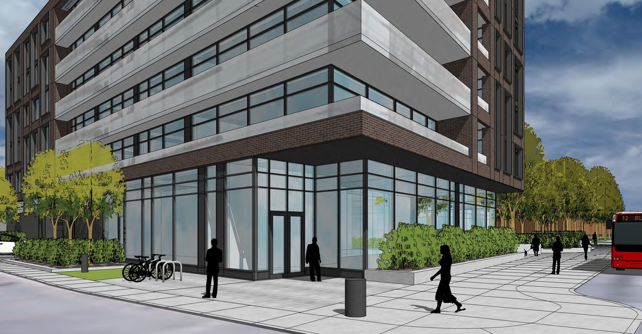 Rendering of building from page 2 of the file '2021-09-29 - Revised Building Views - D02-02-21-0093'