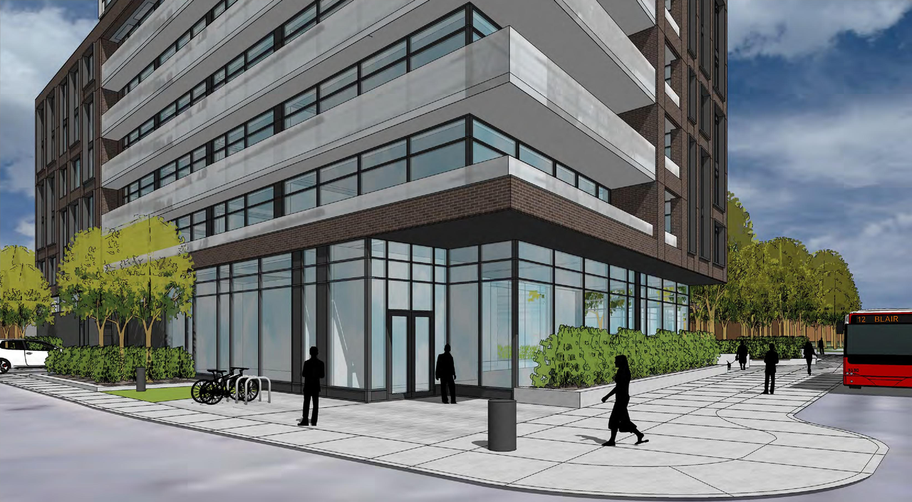 Rendering of building from page 2 of the file '2021-09-29 - Revised Building Views - D02-02-21-0093'