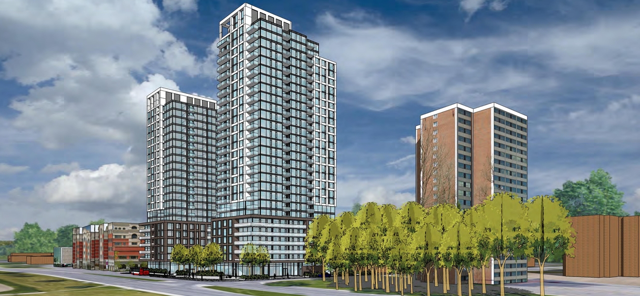 Rendering of building from page 3 of the file '2021-09-29 - Revised Building Views - D02-02-21-0093'