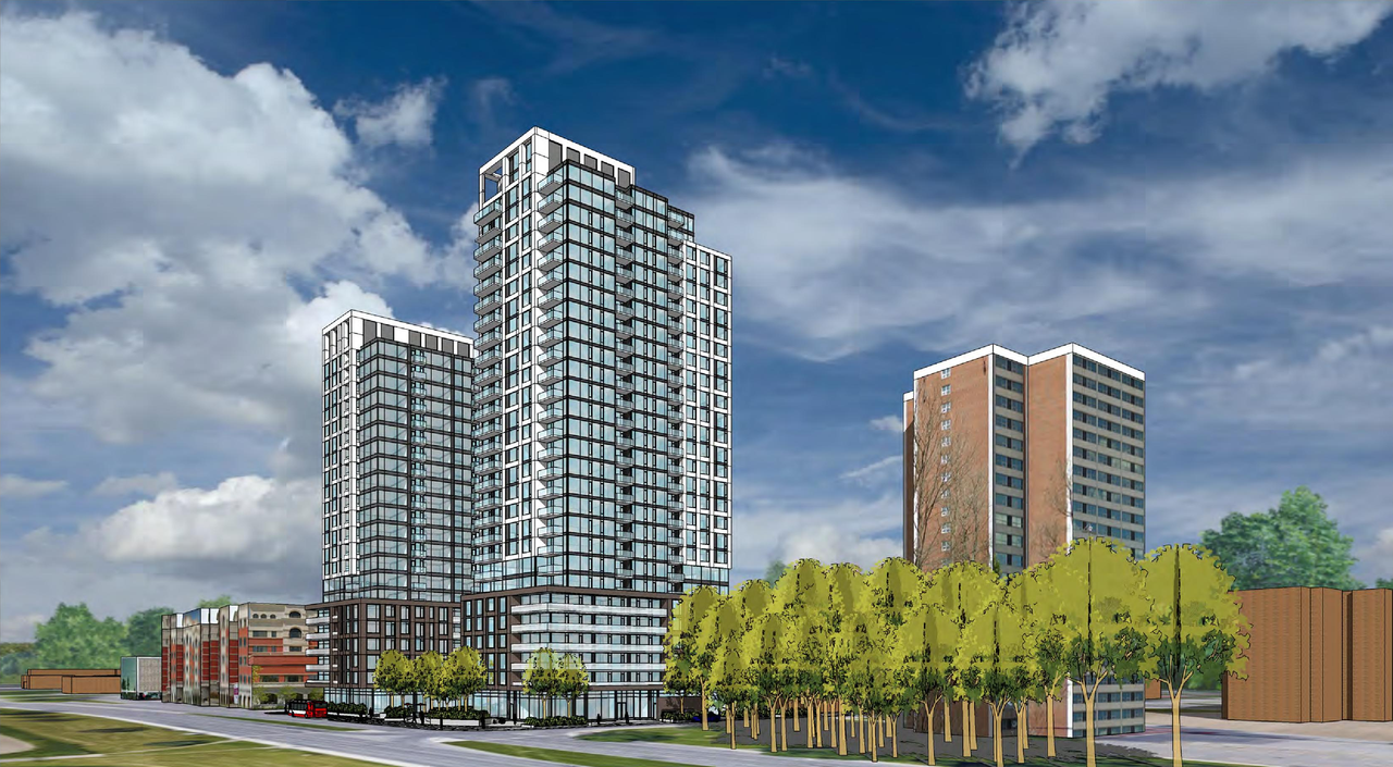 Rendering of building from page 3 of the file '2021-09-29 - Revised Building Views - D02-02-21-0093'