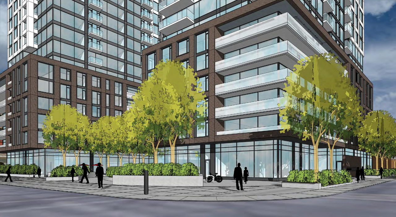 Rendering of building from page 4 of the file '2021-09-29 - Revised Building Views - D02-02-21-0093'
