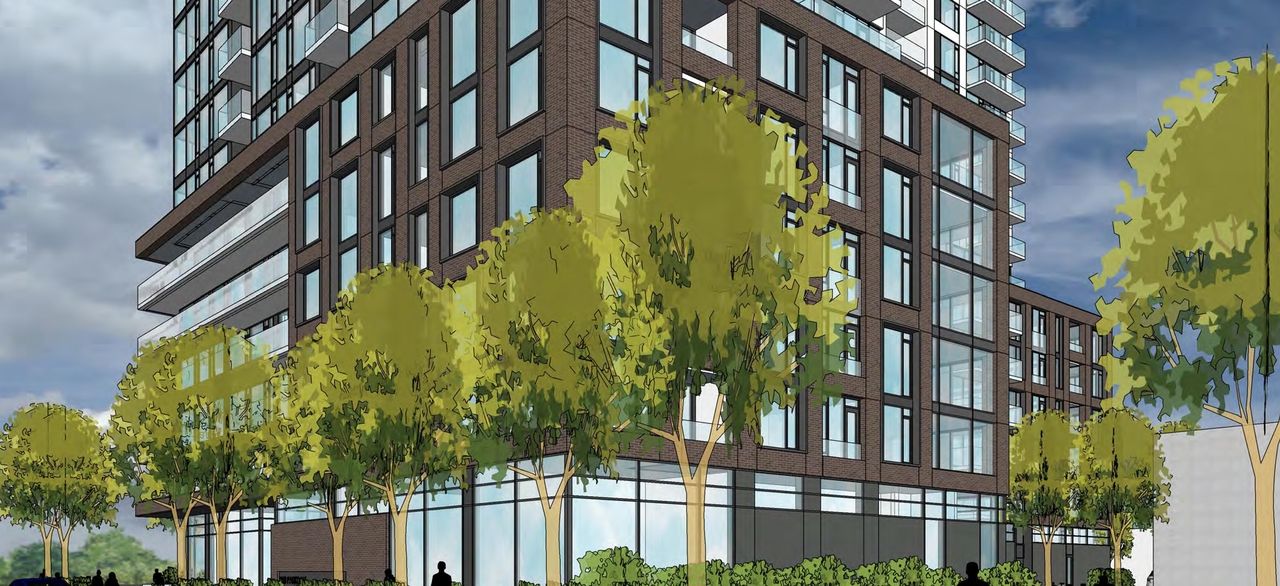 Rendering of building from page 5 of the file '2021-09-29 - Revised Building Views - D02-02-21-0093'