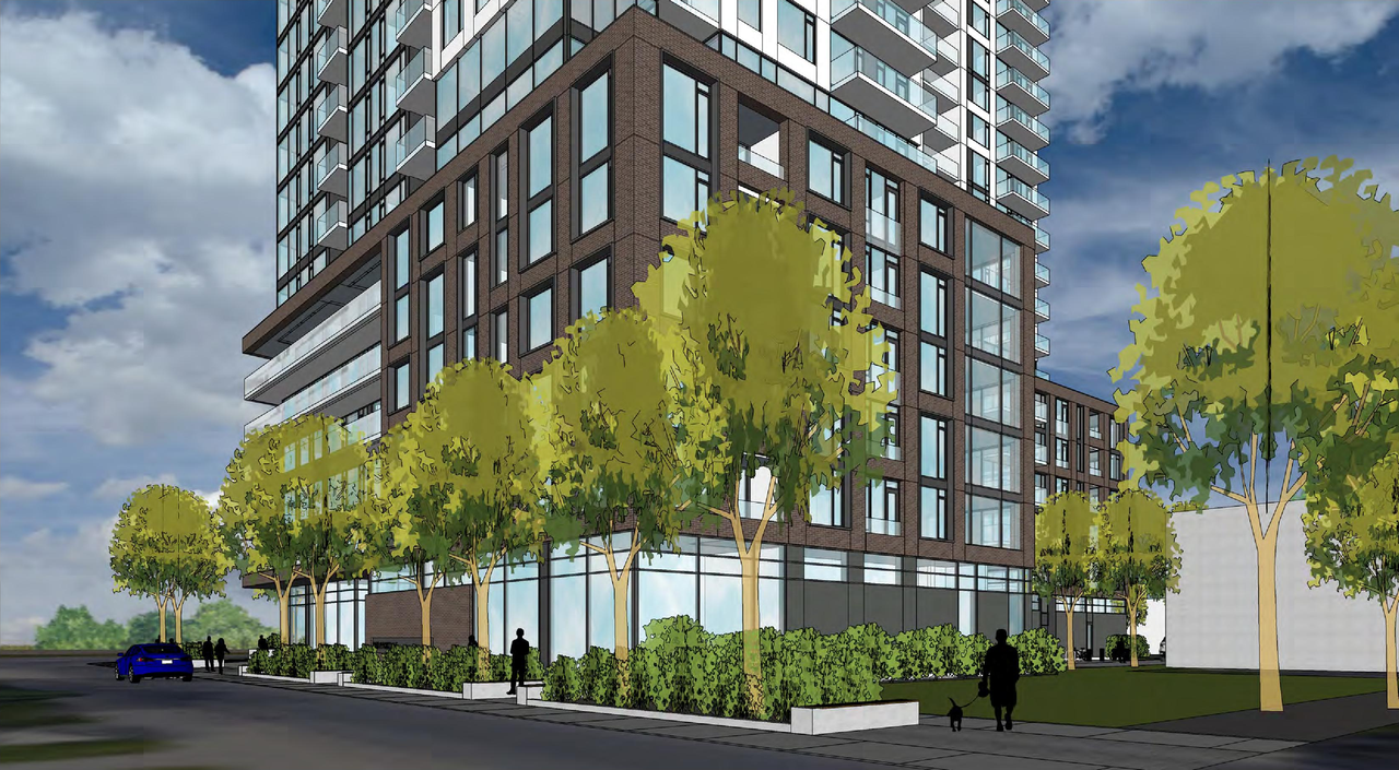 Rendering of building from page 5 of the file '2021-09-29 - Revised Building Views - D02-02-21-0093'