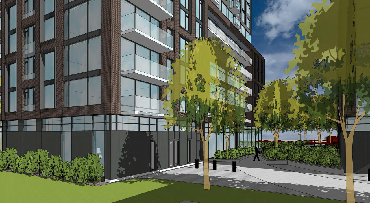 Rendering of building from page 6 of the file '2021-09-29 - Revised Building Views - D02-02-21-0093'