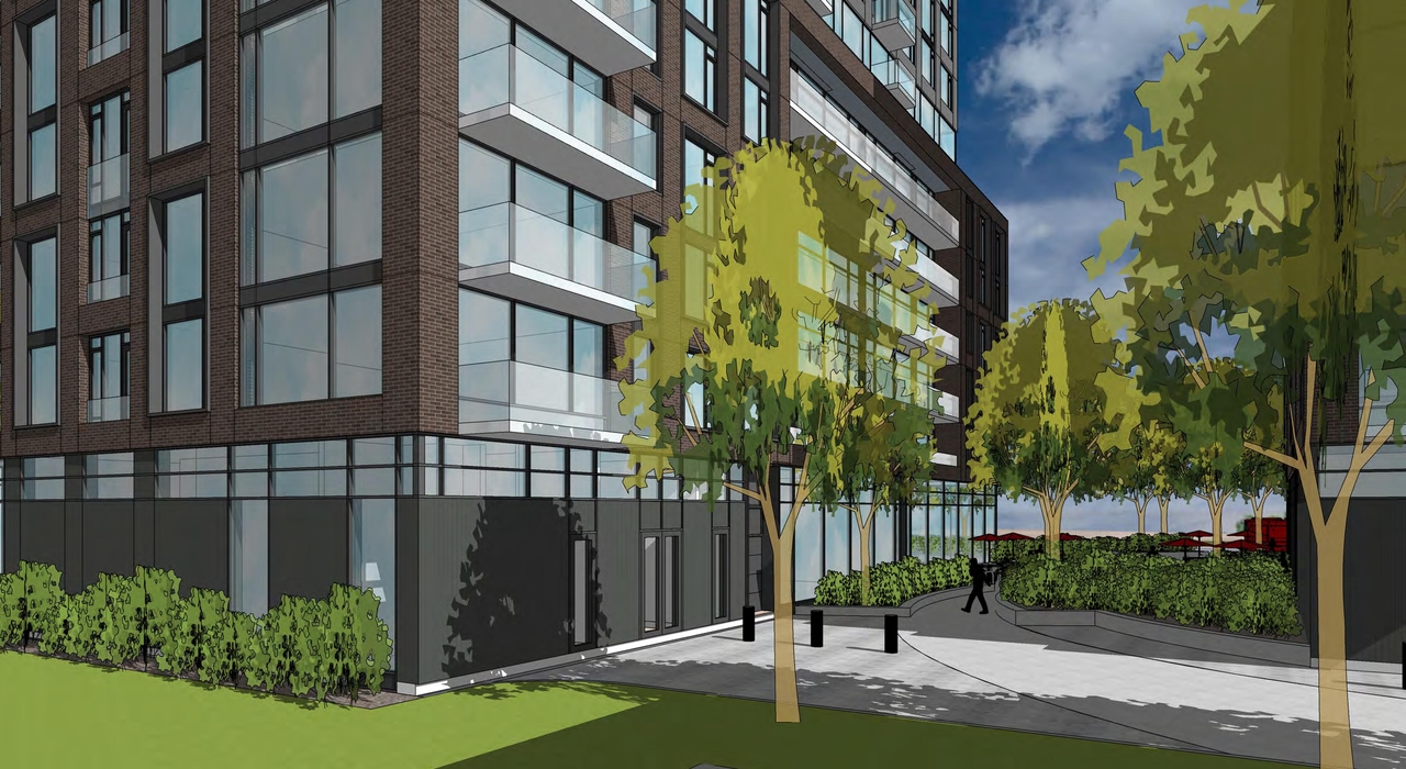 Rendering of building from page 6 of the file '2021-09-29 - Revised Building Views - D02-02-21-0093'