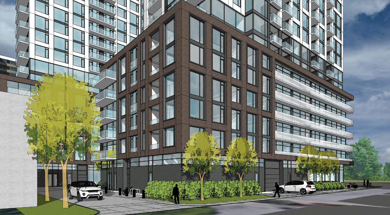 Rendering of building from page 7 of the file '2021-09-29 - Revised Building Views - D02-02-21-0093'