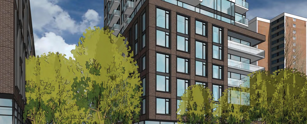 Rendering of building from page 8 of the file '2021-09-29 - Revised Building Views - D02-02-21-0093'