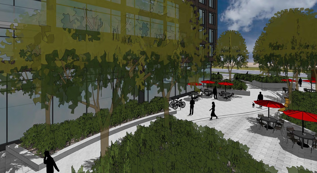 Rendering of building from page 9 of the file '2021-09-29 - Revised Building Views - D02-02-21-0093'