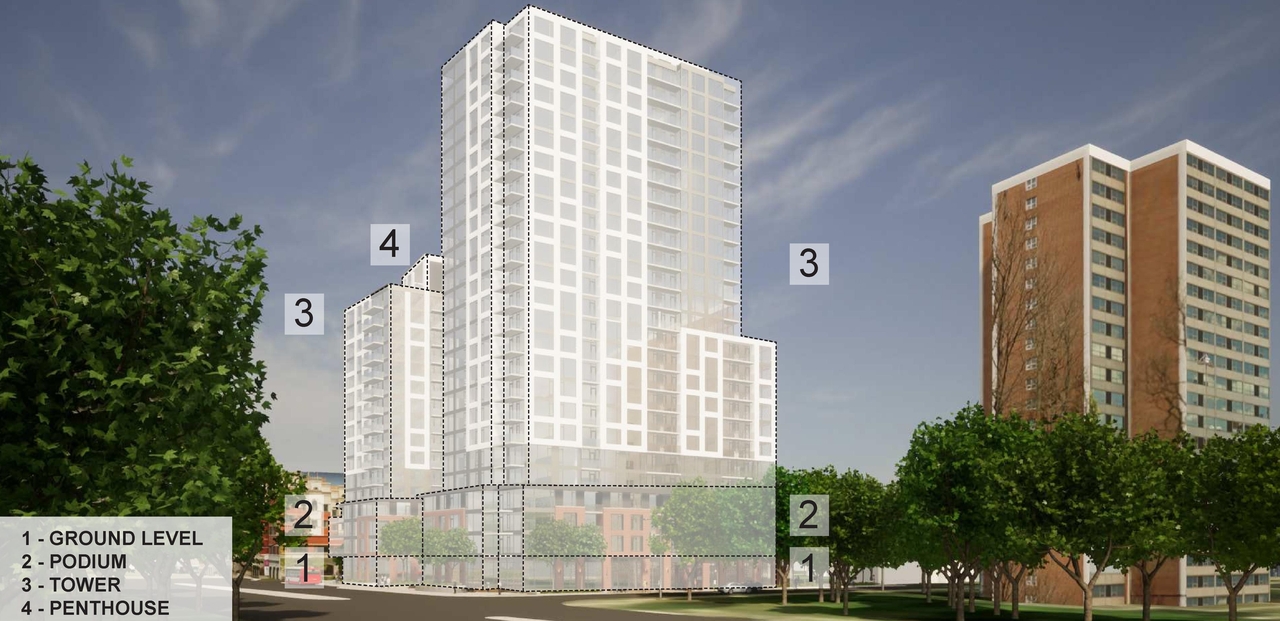 Rendering of building from page 25 of the file '2022-08-22 - FORMAL URBAN DESIGN REVIEW PANEL - Urban Design 220818 Package - D02-02-21-0093'