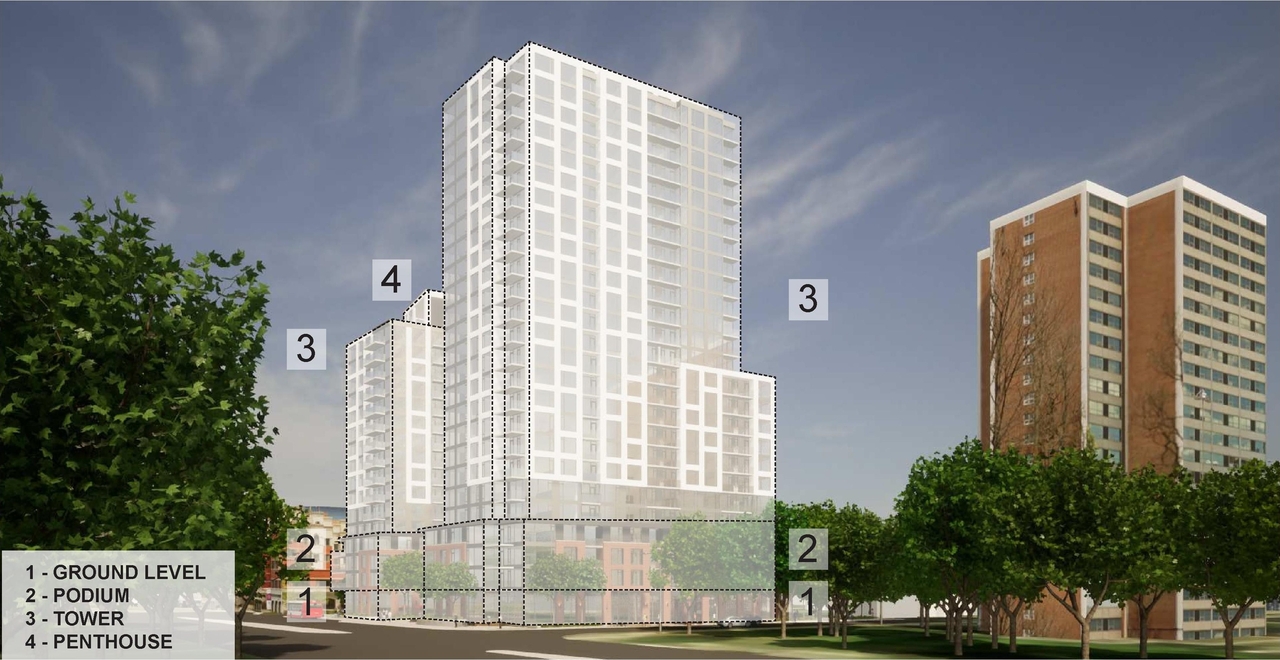 Rendering of building from page 25 of the file '2022-08-22 - FORMAL URBAN DESIGN REVIEW PANEL - Urban Design 220818 Package - D02-02-21-0093'