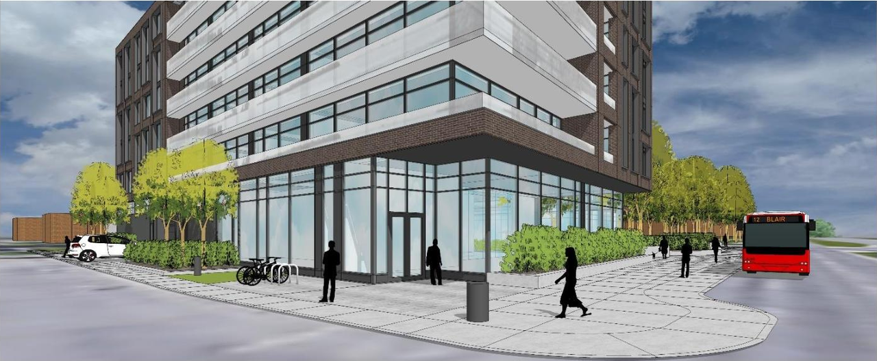 Rendering of building from page 16 of the file '2021-09-03 - Planning Rationale and Design Brief - D02-02-21-0093'
