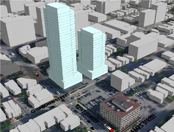 Rendering of building from page 13 of the file '2023-08-01 - Design Brief Revision No 2 - D02-02-21-0095'