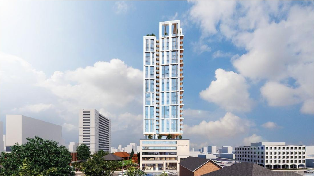 Rendering of building from page 8 of the file '2023-08-01 - Design Brief Revision No 2 - D02-02-21-0095'