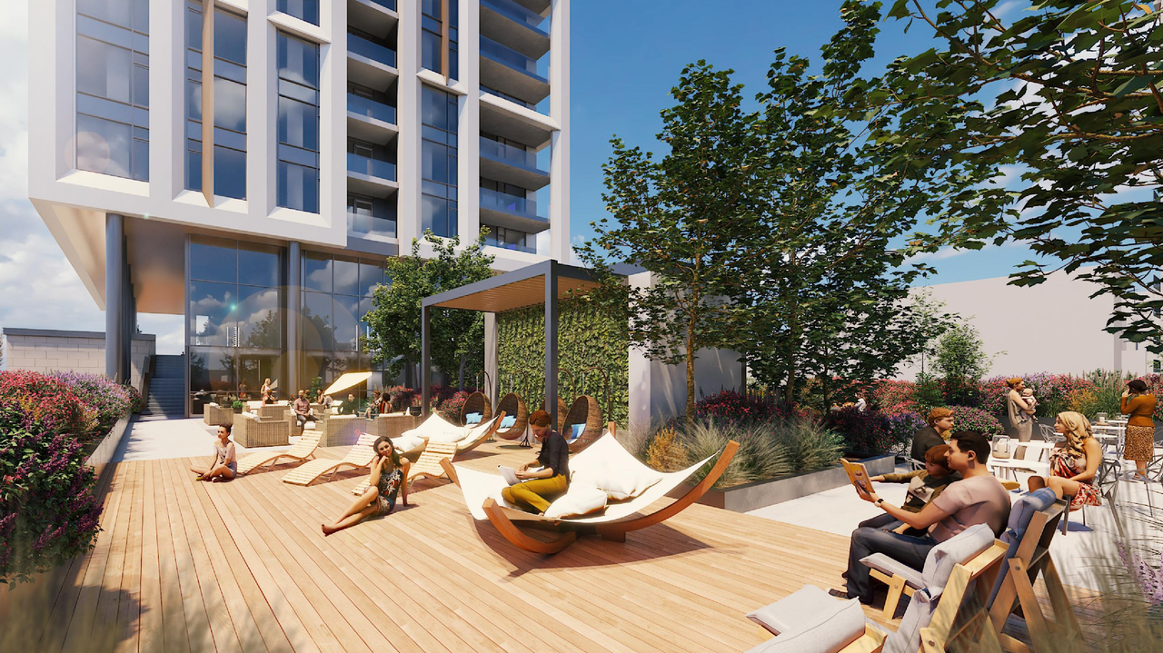 Rendering of building from page 16 of the file '2023-08-01 - Rendered Views - D02-02-21-0095'