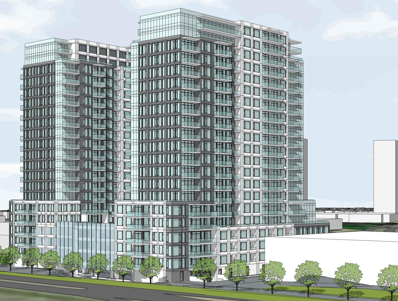 Rendering of building from page 5 of the file '2021-10-29 - Elevations, Floor Plans, Shadow Study - D02-02-21-0139'