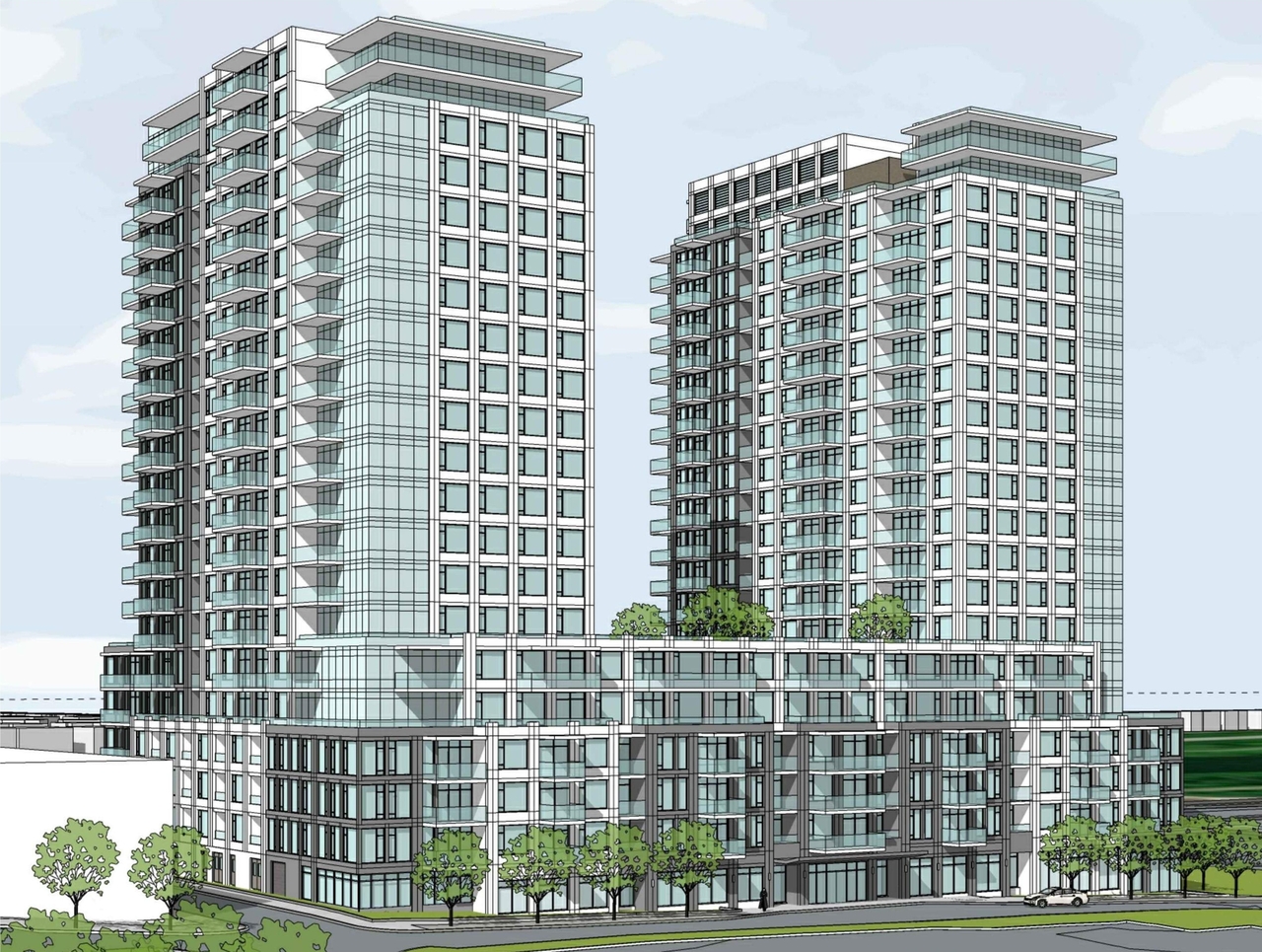 Rendering of building from page 5 of the file '2021-10-29 - Elevations, Floor Plans, Shadow Study - D02-02-21-0139'