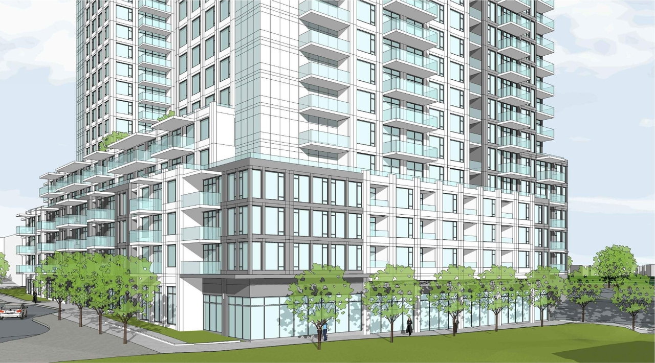 Rendering of building from page 6 of the file '2021-10-29 - Elevations, Floor Plans, Shadow Study - D02-02-21-0139'