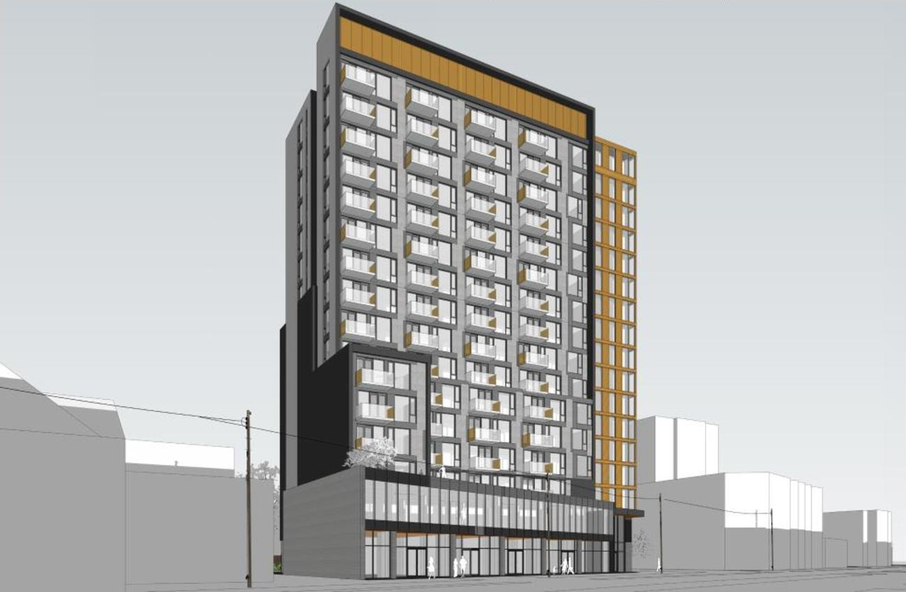 Rendering of building from page 30 of the file '2021-11-24 - Planning Rationale Design Brief - D02-02-21-0145'
