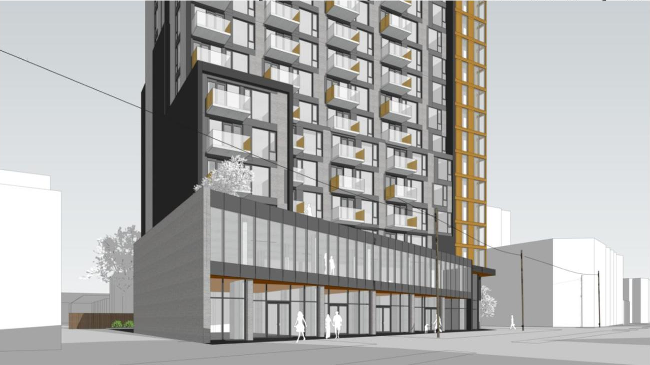 Rendering of building from page 36 of the file '2021-11-24 - Planning Rationale Design Brief - D02-02-21-0145'