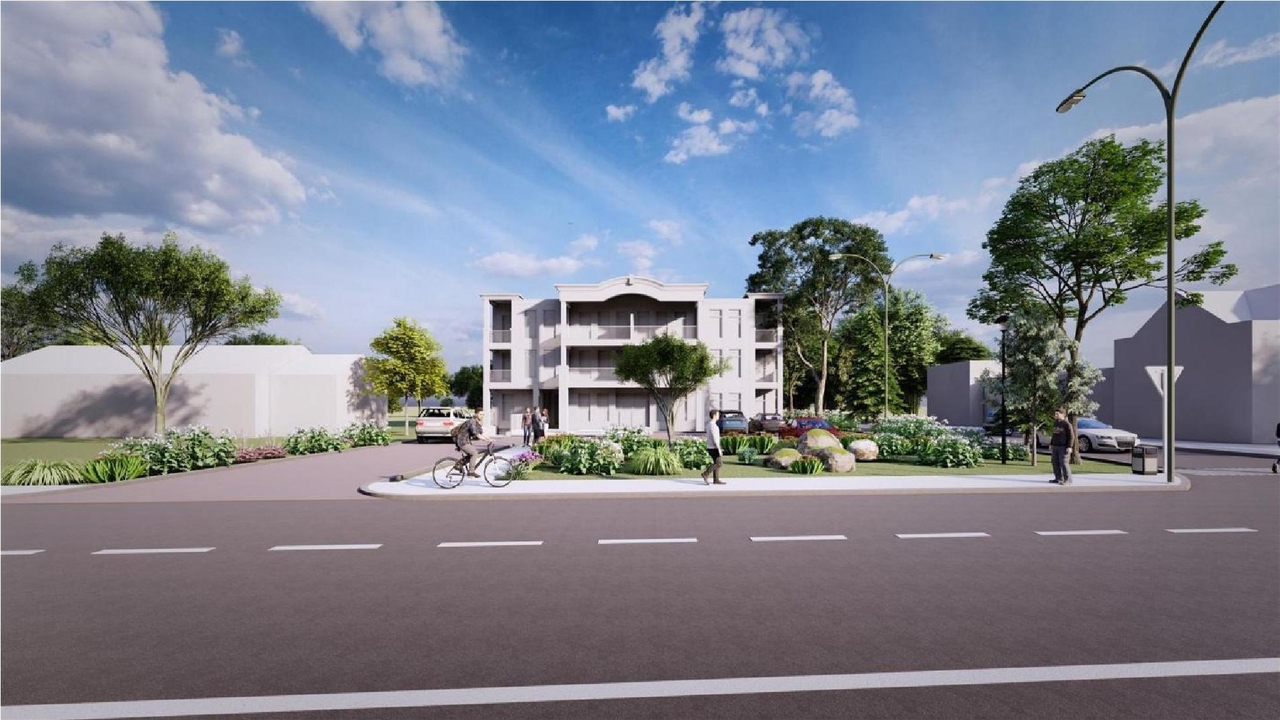 Rendering of building from page 14 of the file '2023-01-06 - Design Brief - D02-02-21-0150'